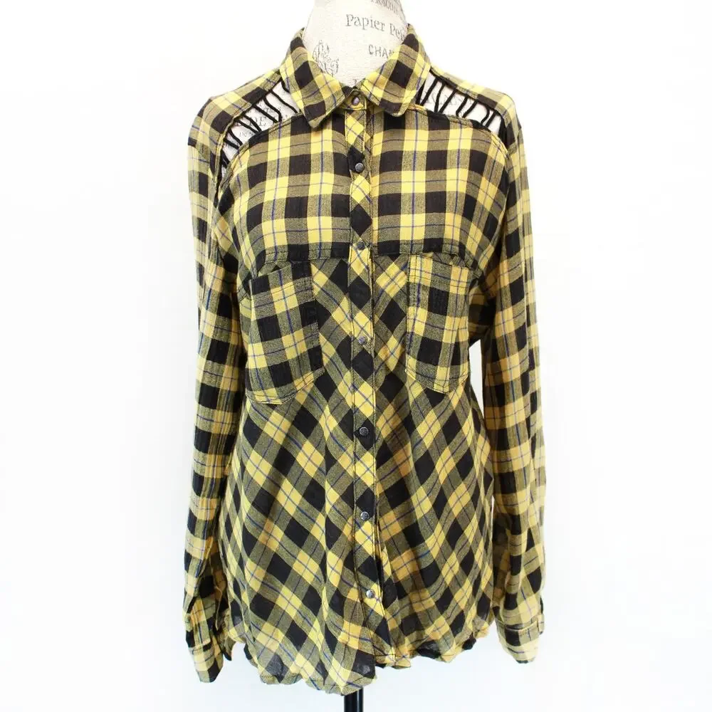 Free People Grunge Yellow Black Plaid Cutout Tunic Shirt Medium Modern
